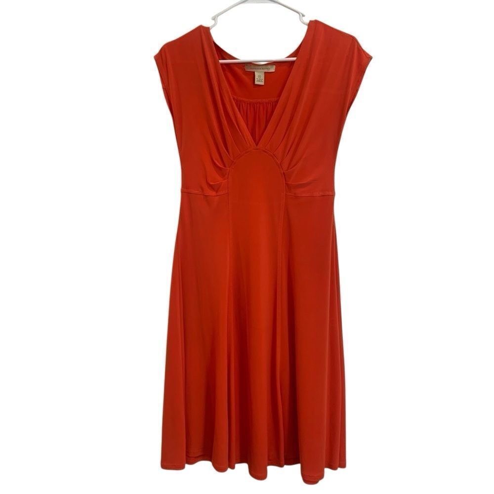 Jonathan Martin Orange Red V-Neck Pleated Empire Waist A-Line Dress Sz 6 Flowy
